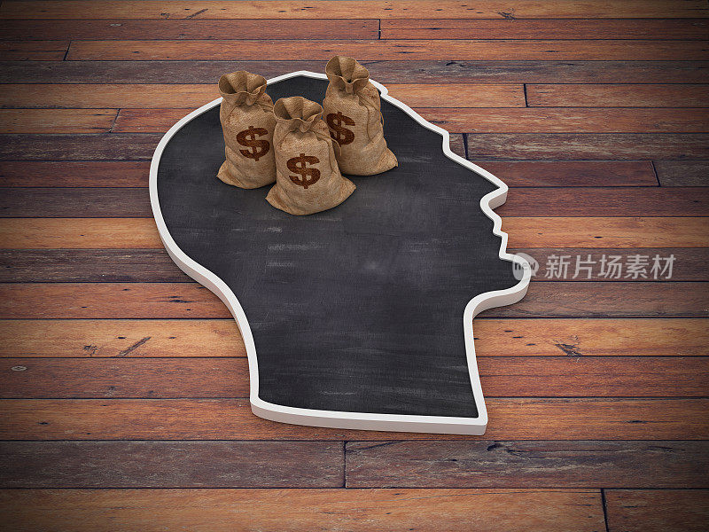 人的头形状与美元金钱袋在木地板- 3D渲染